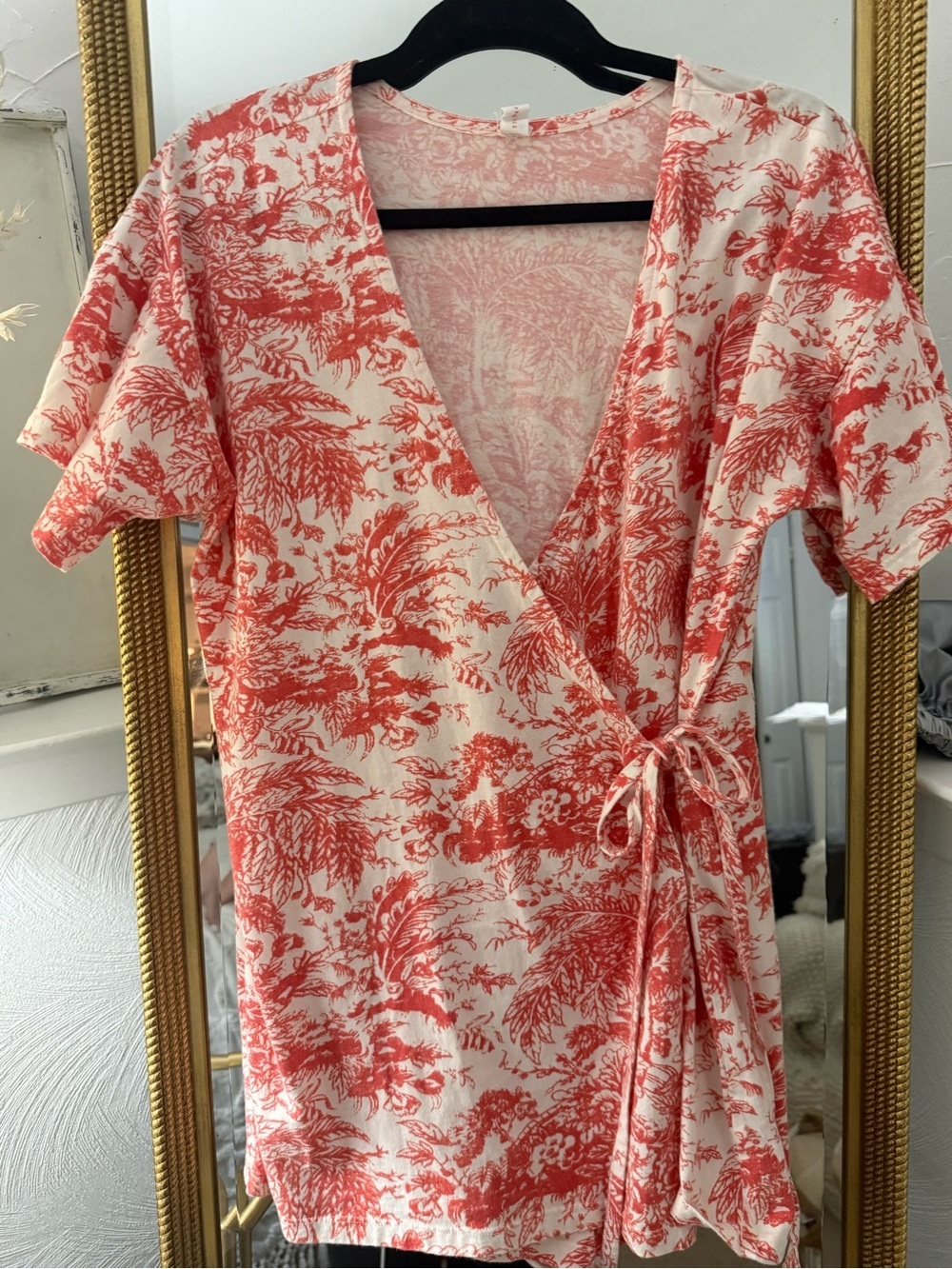 Wrap Dress Romper in Cream with Coral Red Print